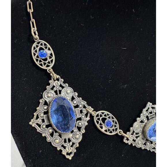 Antique Victorian Czech Blue Glass Filigree Bib Choker Necklace - Picture 3 of 14
